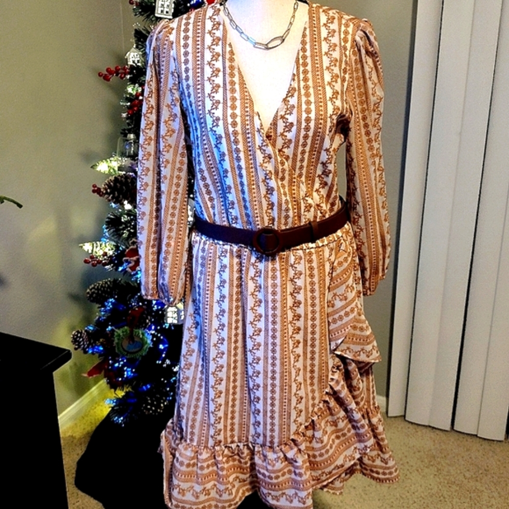 Calvin Klien Belted Dress Wrap Long Sleeve Ruffle Midi 6 Like New! V Neck